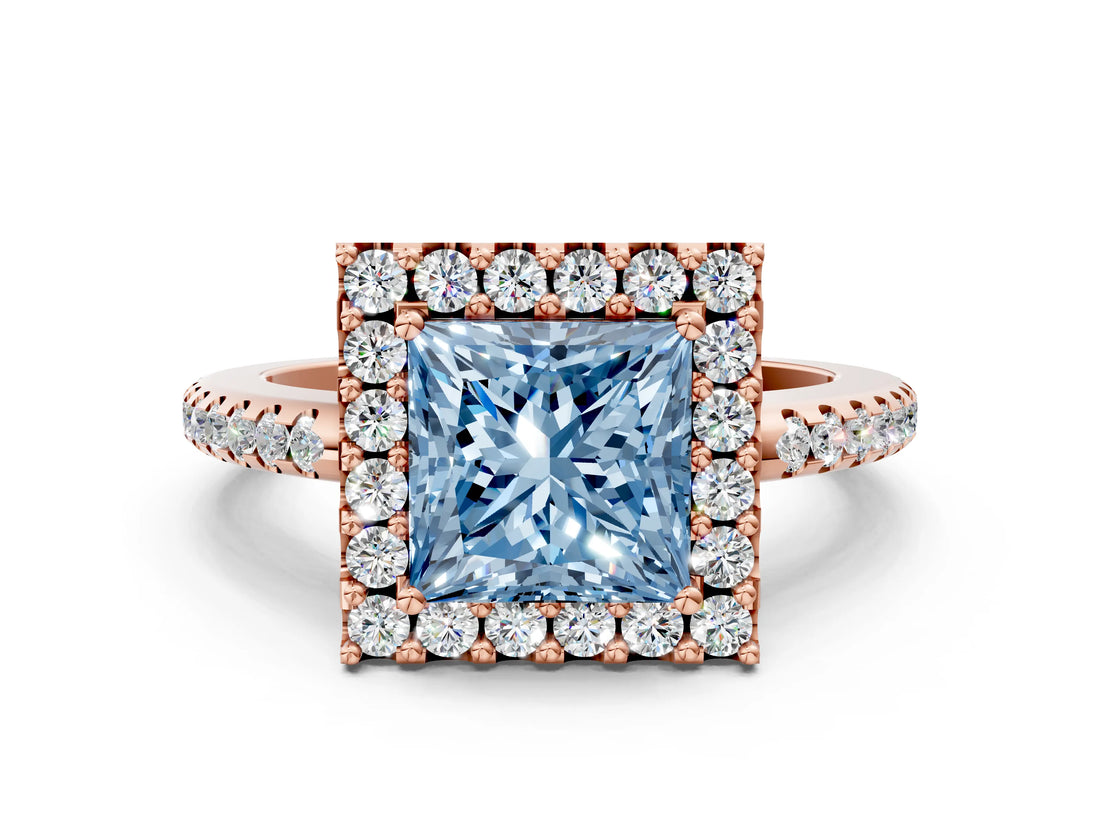 Rose gold Fancy Blue Princess Cut Diamond Pavé Halo Ring with Four-Prong Setting_36