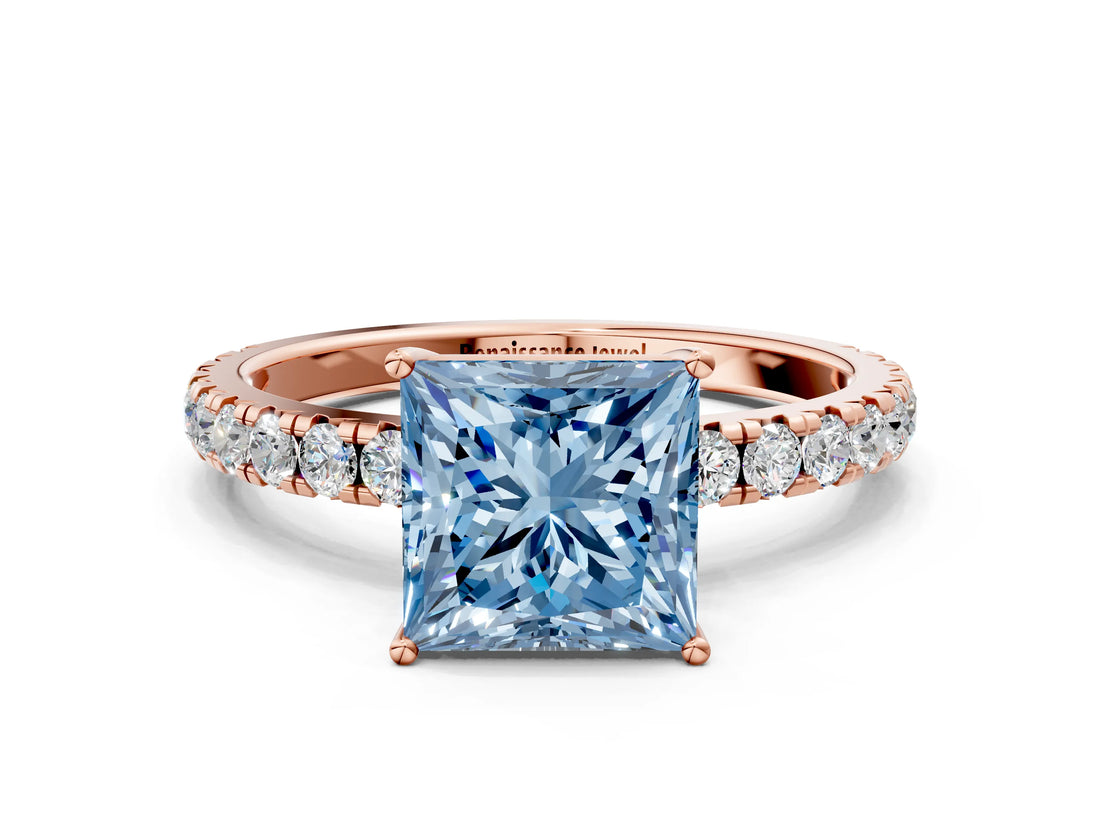 Rose gold Fancy Blue Princess Cut Diamond Pavé Solitaire Engagement Ring with Four-Prong Setting_71
