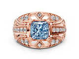 Rose gold Fancy Blue Princess Cut Diamond Pave Art Deco Split Shank Ring with Four-Prong Setting