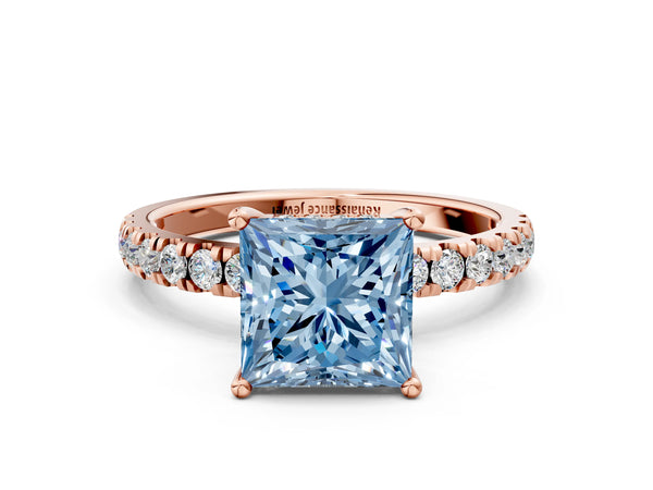 Rose gold Fancy Blue Princess Cut Diamond Pave Band Solitaire Ring with Round  and Prong Setting