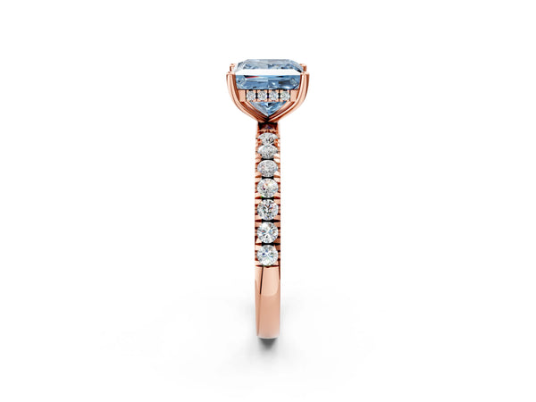 Rose gold Fancy Blue Princess Cut Diamond Pave Band Solitaire Ring with Round  and Prong Setting