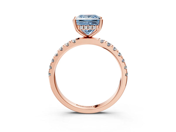 Rose gold Fancy Blue Princess Cut Diamond Pave Band Solitaire Ring with Round  and Prong Setting
