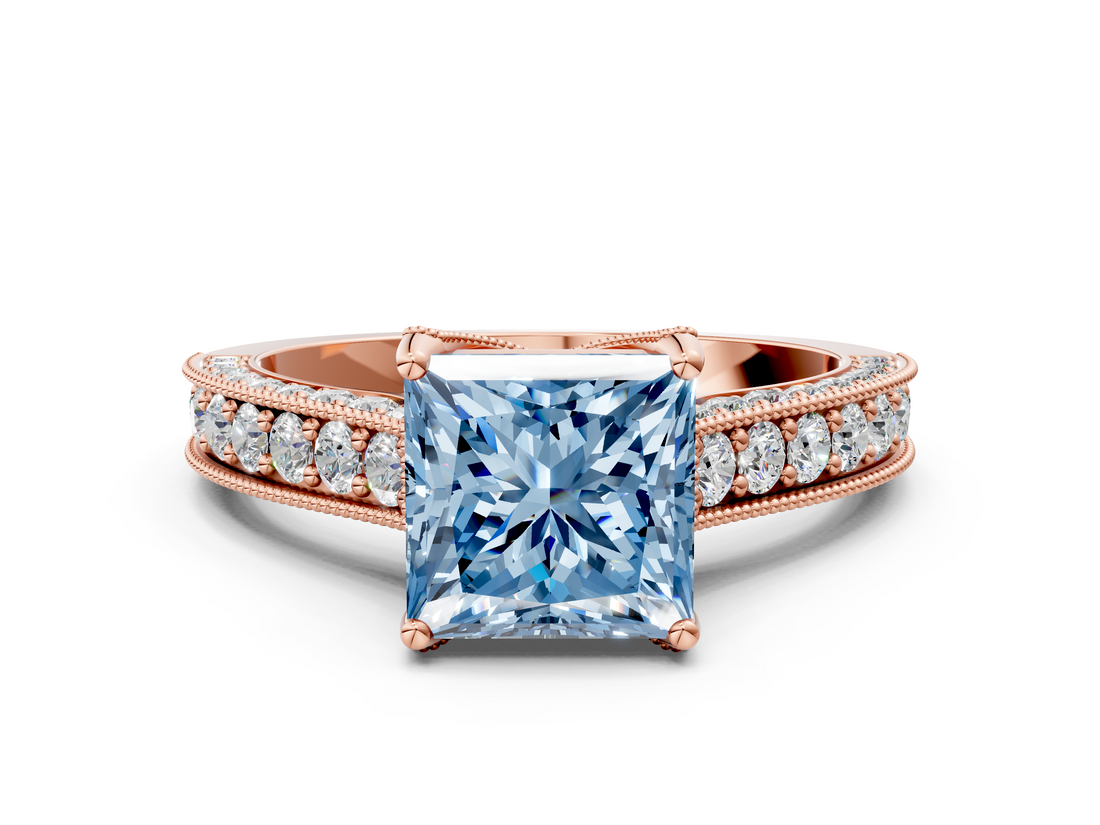 Rose gold Fancy Blue Princess  Cut Diamond Pave Band with Four-Prong Setting_38