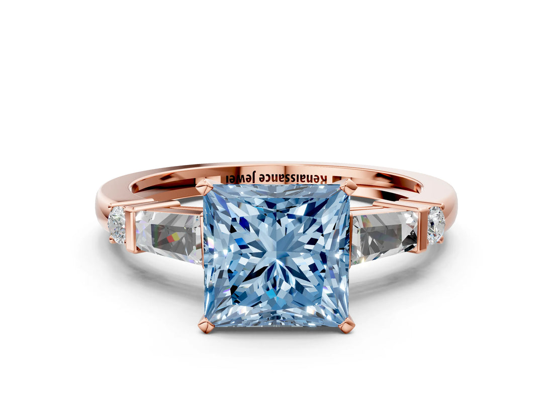 Rose gold Fancy Blue Princess  Cut Diamond Ring with Baguette Side Stones, Channel Set Band, and Four-Prong Setting_24