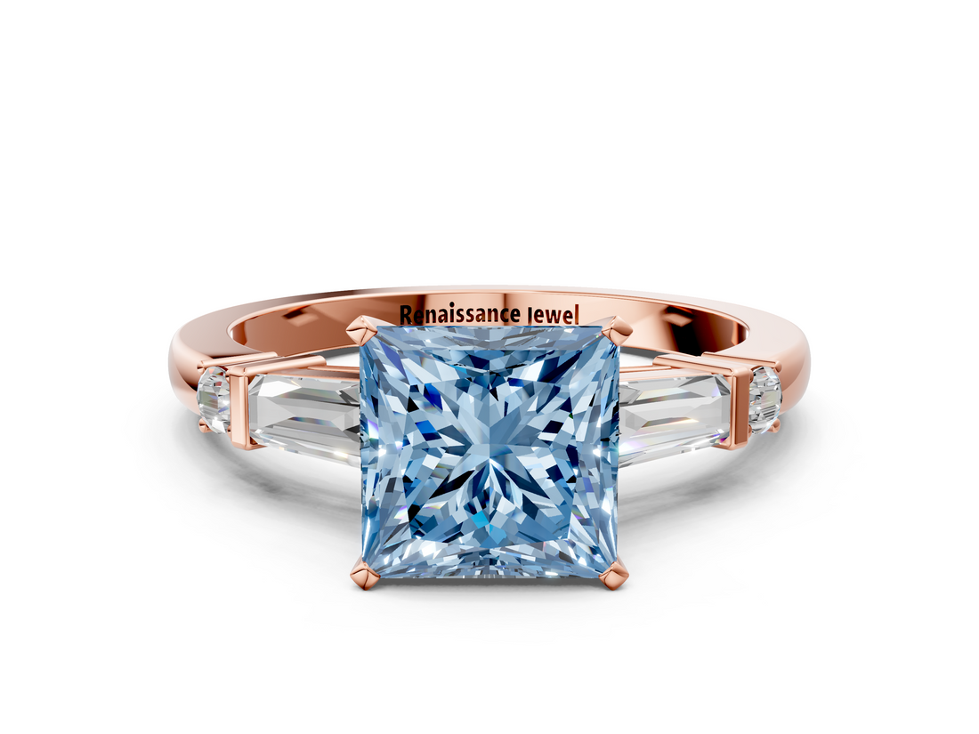 Rose gold Fancy Blue Princess  Cut Diamond Ring with Baguette Side Stones, Channel Set Band, and Four-Prong Setting_3