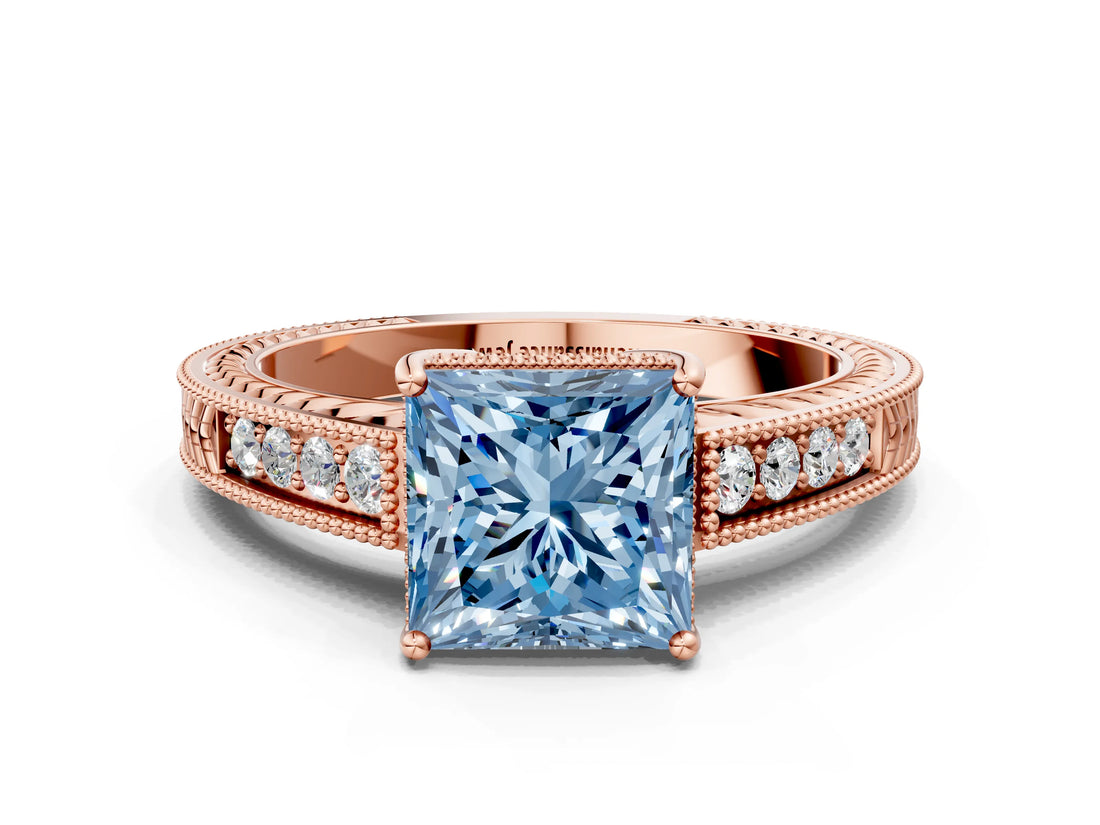 Rose gold Fancy Blue Princess Cut Diamond Ring with Milgrain Pavé Band and Four-Prong Setting_21
