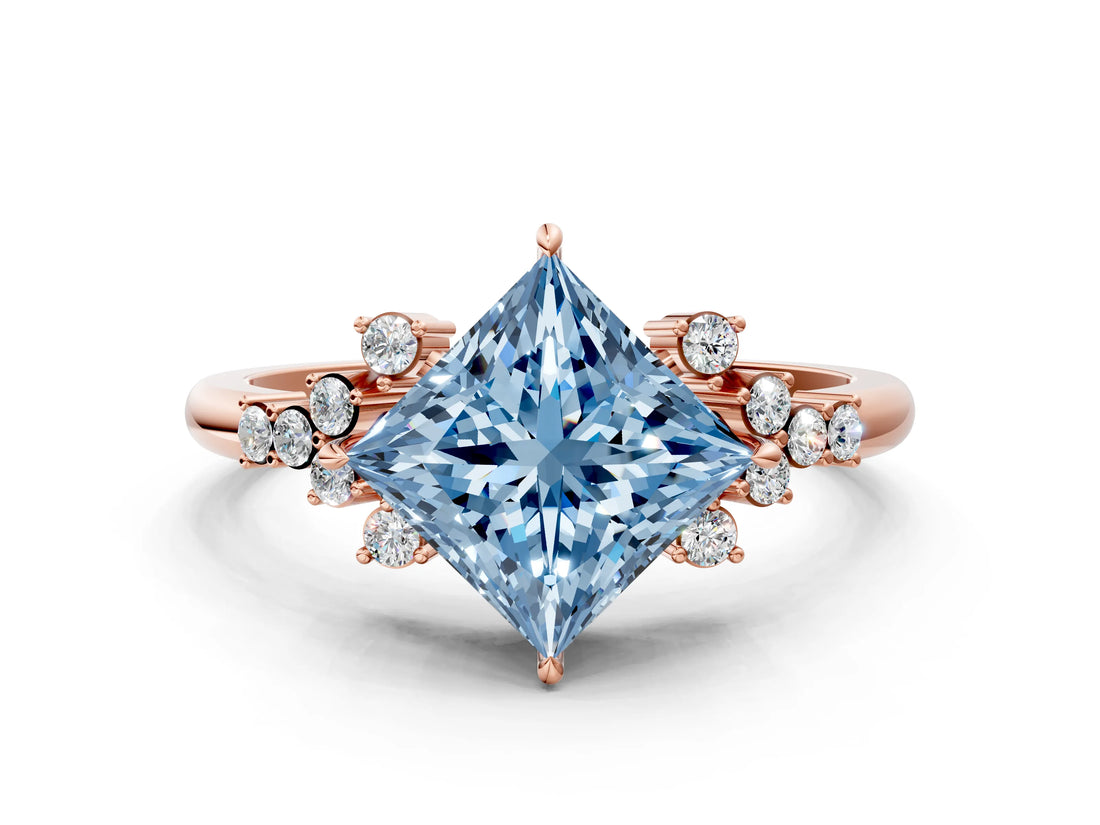 Rose gold Fancy Blue Princess Cut Diamond Ring with Side Stones and Four-Prong Setting_99