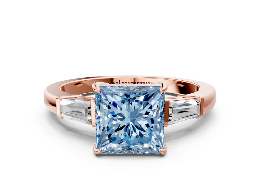 Rose gold Fancy Blue Princess  Cut Diamond Ring with Tapered Baguette Side Stones in Four-Prong Setting_3