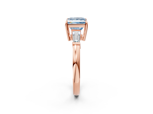 Rose gold Fancy Blue Princess  Cut Diamond Ring with Tapered Baguette Side Stones in Four-Prong Setting