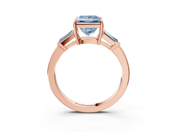 Rose gold Fancy Blue Princess  Cut Diamond Ring with Tapered Baguette Side Stones in Four-Prong Setting
