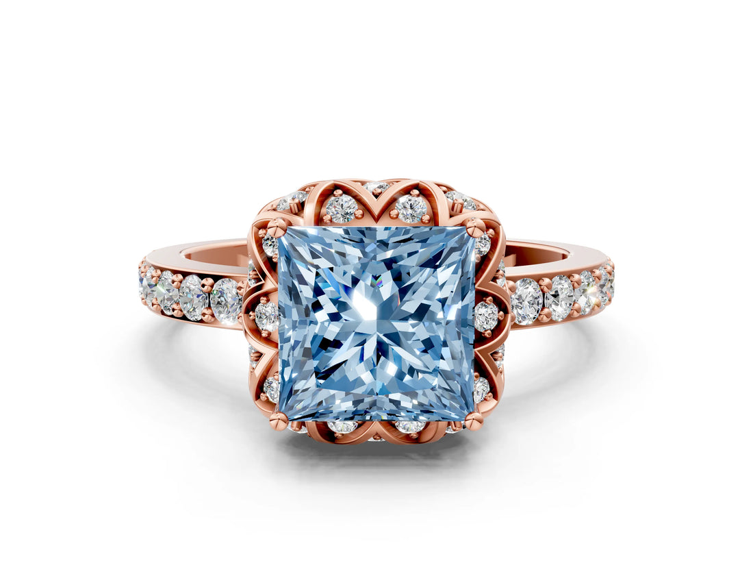 Rose gold Fancy Blue Princess Cut Diamond Scalloped Halo Engagement Ring with Round Shared Prong Band_12