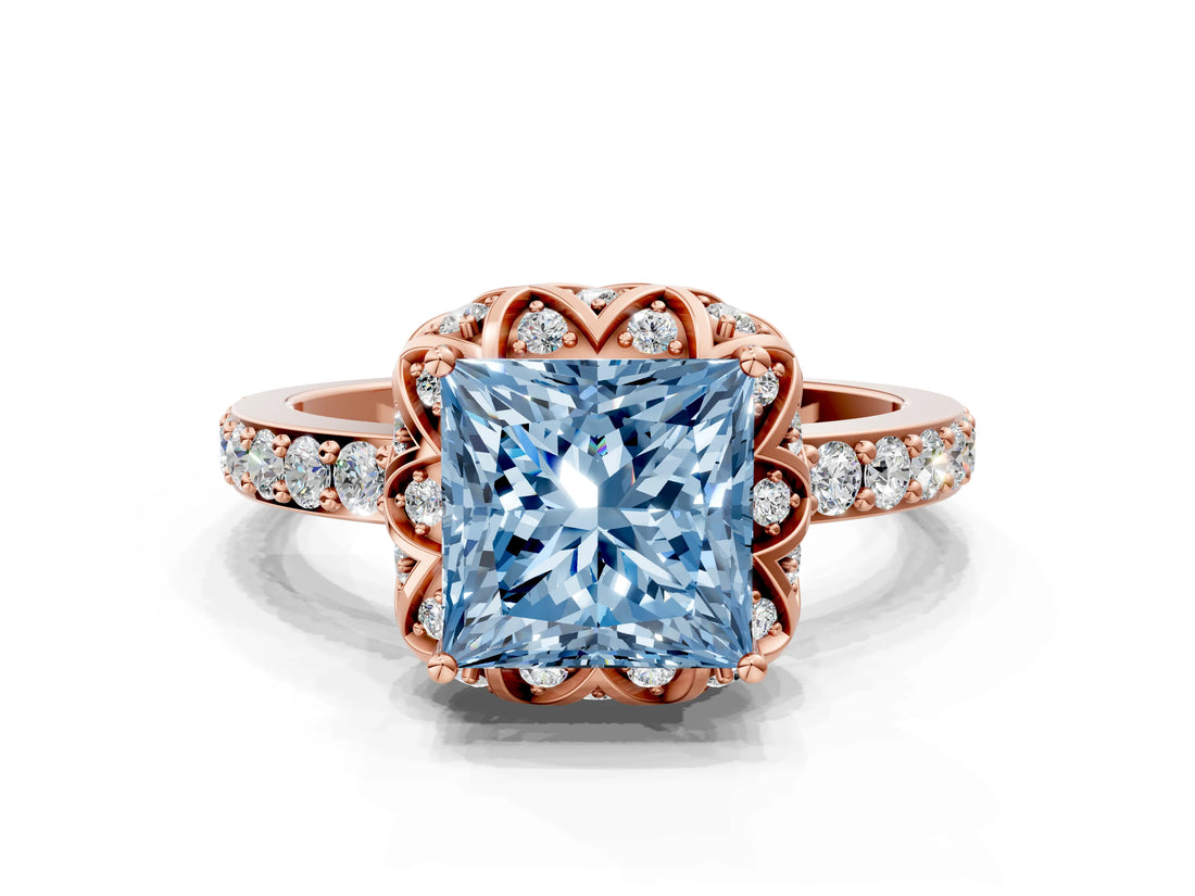 Rose gold Fancy Blue Princess Cut Diamond Scalloped Halo Engagement Ring with Round Shared Prong Band_24