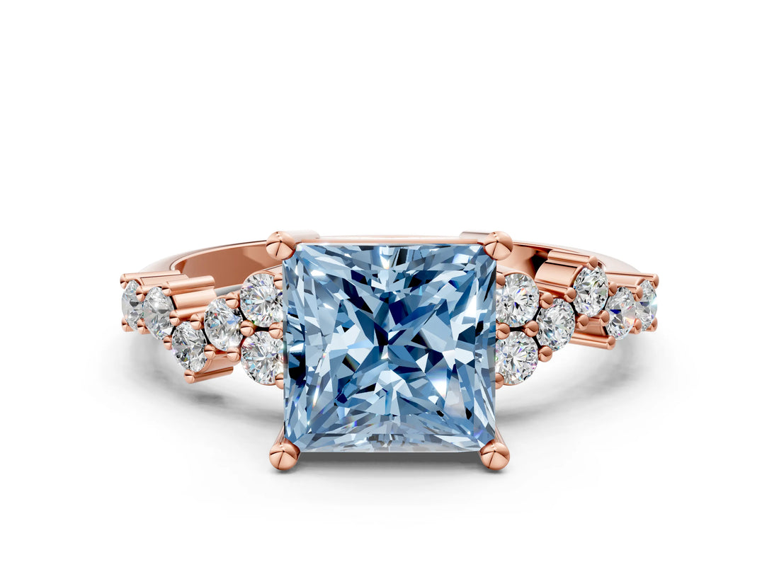 Rose gold Fancy Blue Princess Cut Diamond Scattered Round Accent Ring with Prong Setting_12