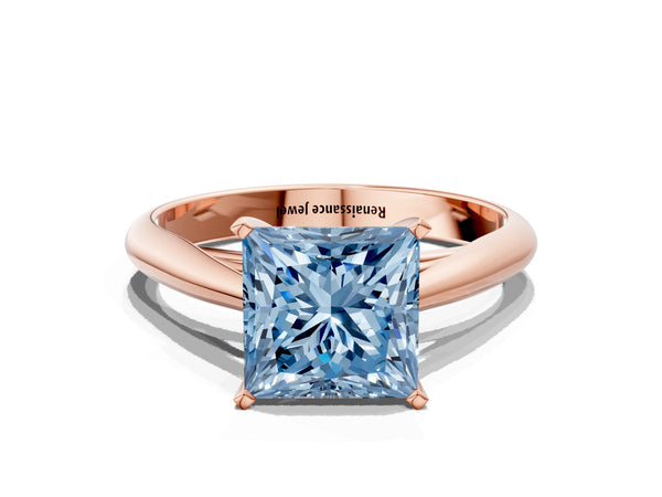 Rose gold Fancy Blue Princess Cut Diamond Solitaire Engagement Ring with Cathedral Setting and Four-Prong Mount