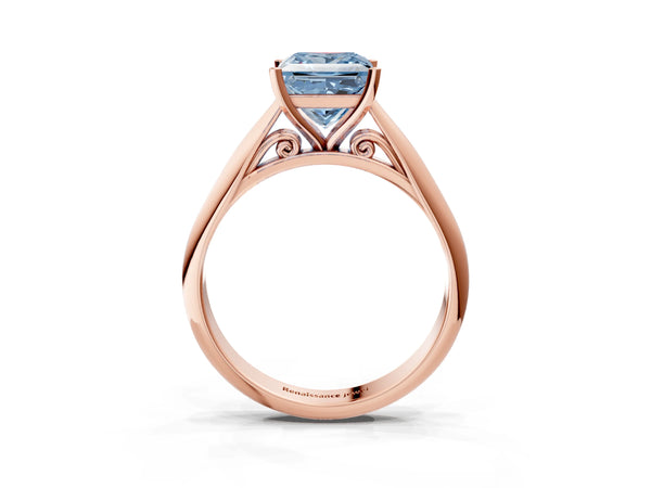 Rose gold Fancy Blue Princess Cut Diamond Solitaire Engagement Ring with Cathedral Setting and Four-Prong Mount