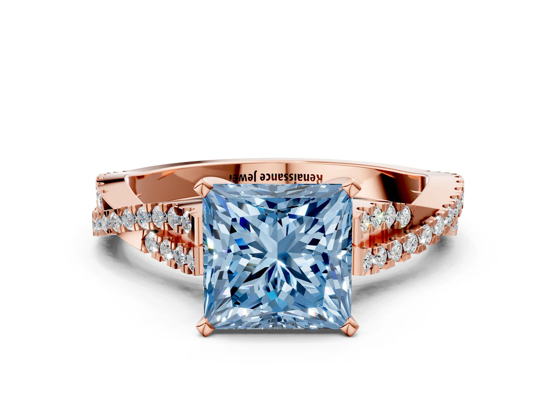 Rose gold Fancy Blue Princess Cut Diamond Solitaire Engagement Ring with Twisted Pavé Band and Four-Prong Setting_32