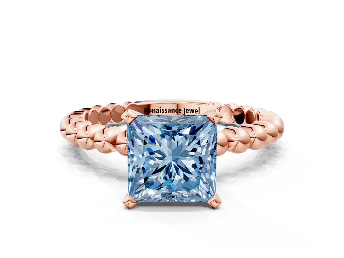 Rose gold Fancy Blue Princess Cut Diamond Solitaire Ring with Beaded Band and Prong Setting_279