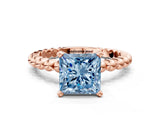 Rose gold Fancy Blue Princess Cut Diamond Solitaire Ring with Beaded Band and Prong Setting_279