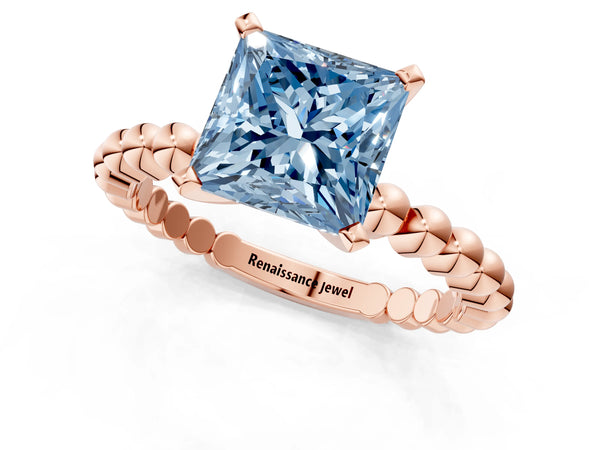 Rose gold Fancy Blue Princess Cut Diamond Solitaire Ring with Beaded Band and Prong Setting