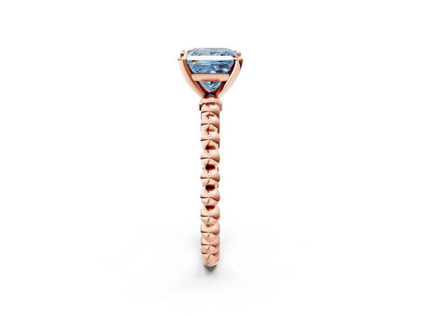 Rose gold Fancy Blue Princess Cut Diamond Solitaire Ring with Beaded Band and Prong Setting