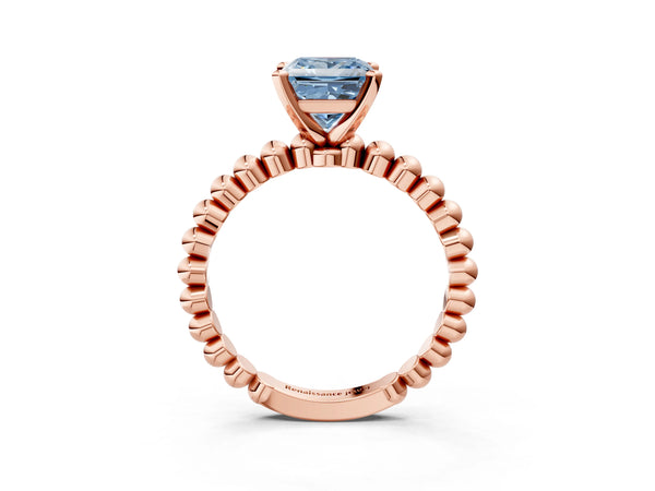 Rose gold Fancy Blue Princess Cut Diamond Solitaire Ring with Beaded Band and Prong Setting