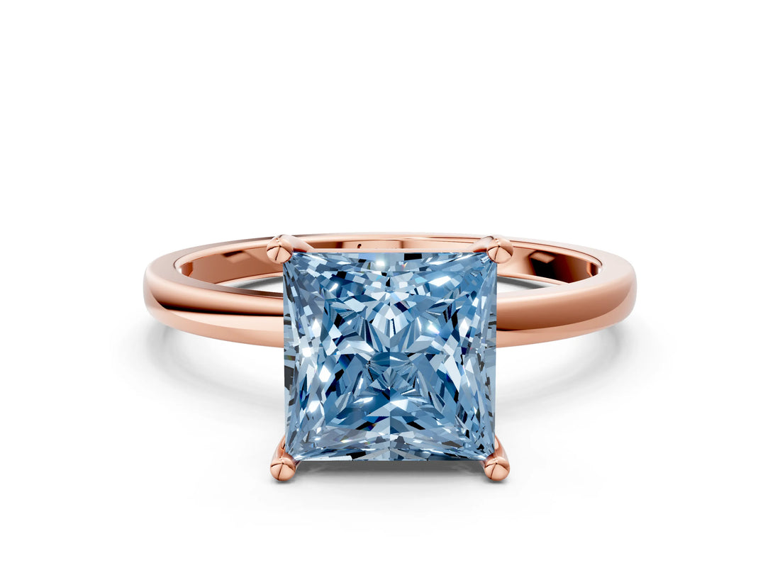Rose gold Fancy Blue Princess Cut Diamond Solitaire Ring with Classic Band and Four-Prong Setting