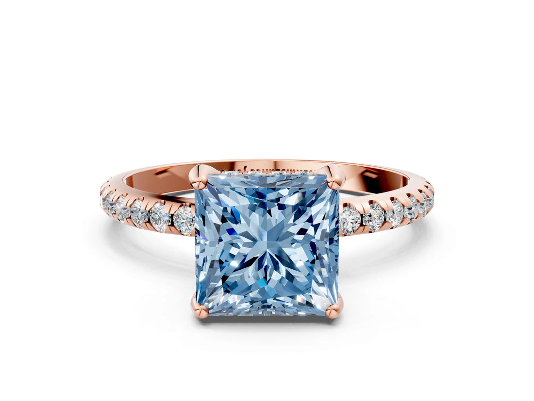 Rose gold Fancy Blue Princess Cut Diamond Solitaire Ring with Four-Prong Setting and Pavé Band_3