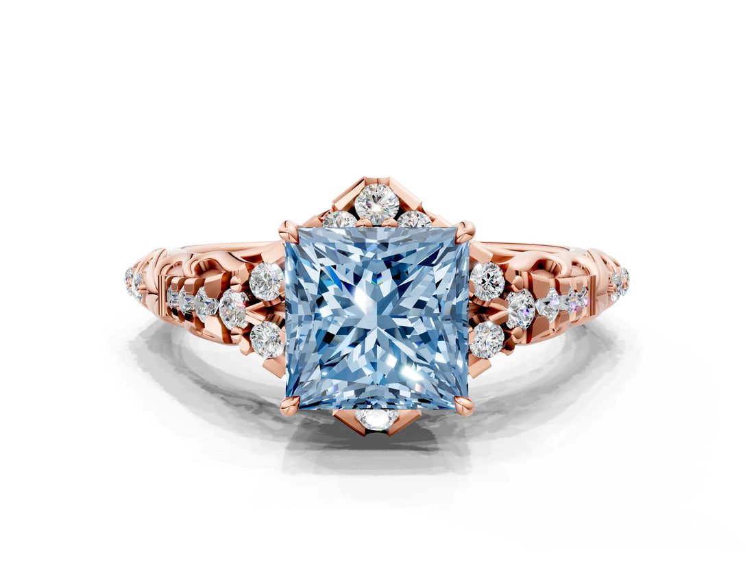 Rose gold Fancy Blue Princess Cut Diamond Solitaire Ring with Hidden Halo and Pavé Band_27