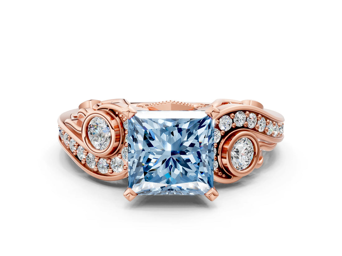 Rose gold Fancy Blue Princess Cut Diamond Solitaire Ring with Milgrain Pavé Band and Four-Prong Setting_184