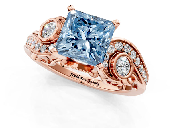 Rose gold Fancy Blue Princess Cut Diamond Solitaire Ring with Milgrain Pavé Band and Four-Prong Setting