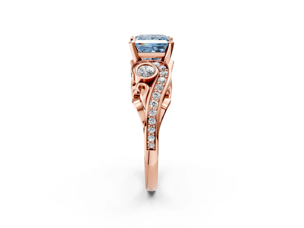 Rose gold Fancy Blue Princess Cut Diamond Solitaire Ring with Milgrain Pavé Band and Four-Prong Setting