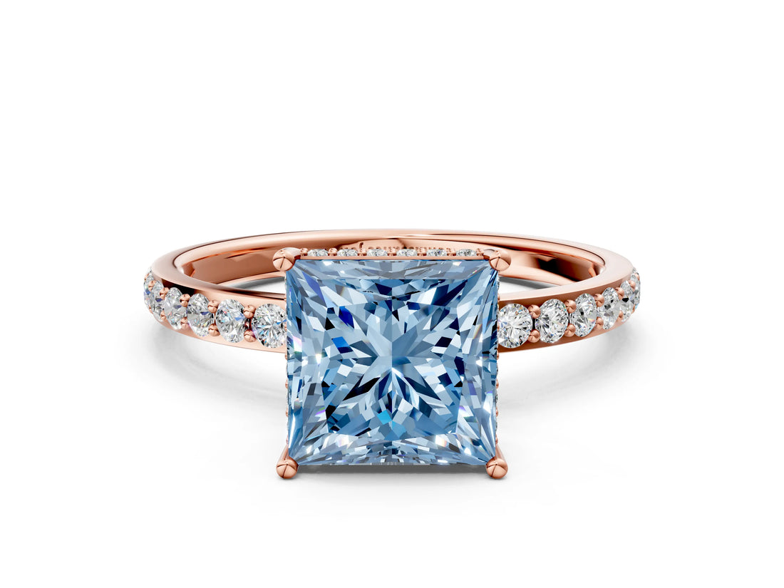 Rose gold Fancy Blue Princess Cut Diamond Solitaire Ring with Pavé Band and Hidden Halo_20