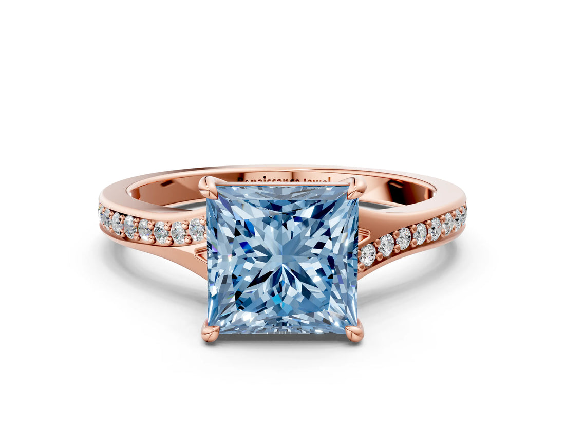 Rose gold Fancy Blue Princess Cut Diamond Solitaire Ring with Pavé Band and Prong Setting_12