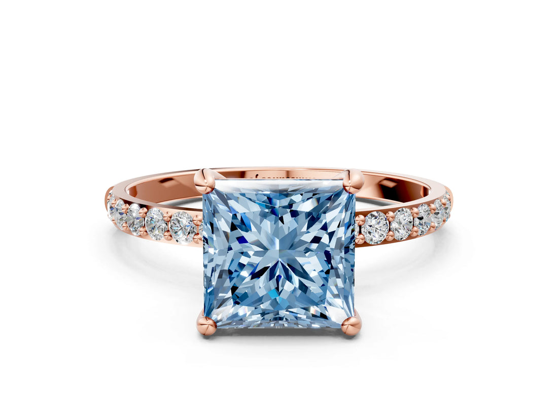 Rose gold Fancy Blue Princess Cut Diamond Solitaire Ring with Pave Band and Four Prong Setting_93
