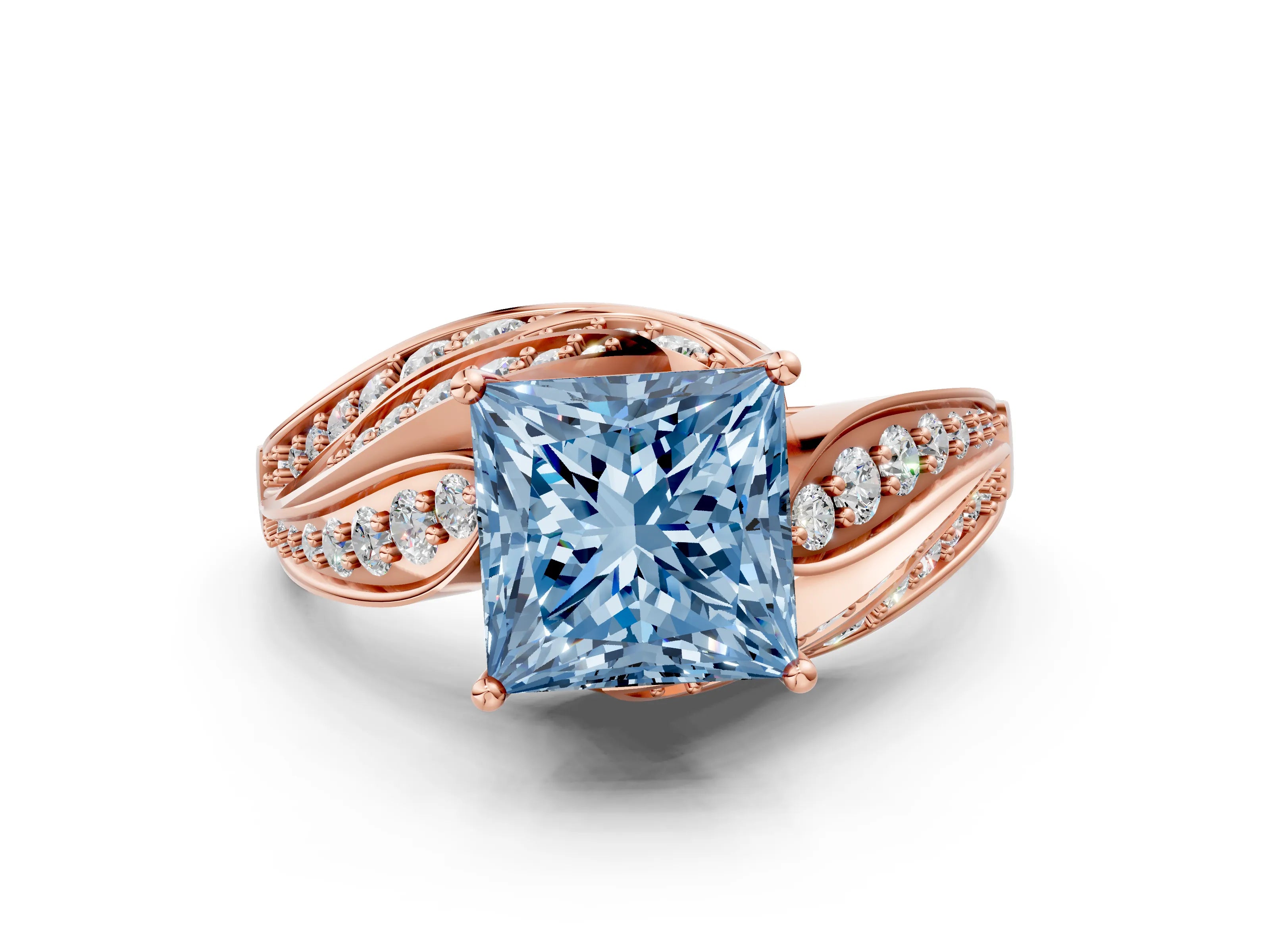 Rose gold Fancy Blue Princess Cut Diamond Solitaire Ring with Prong Setting and Twisted Pavé Band