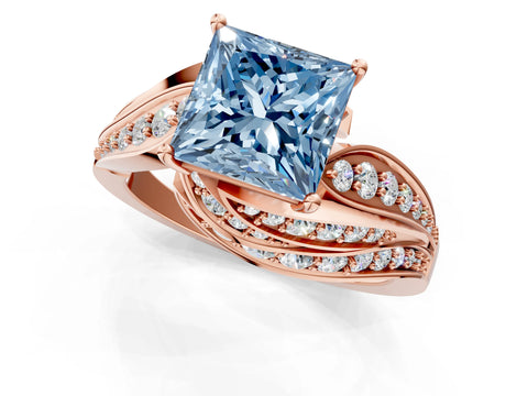 Rose gold Fancy Blue Princess Cut Diamond Solitaire Ring with Prong Setting and Twisted Pavé Band_1