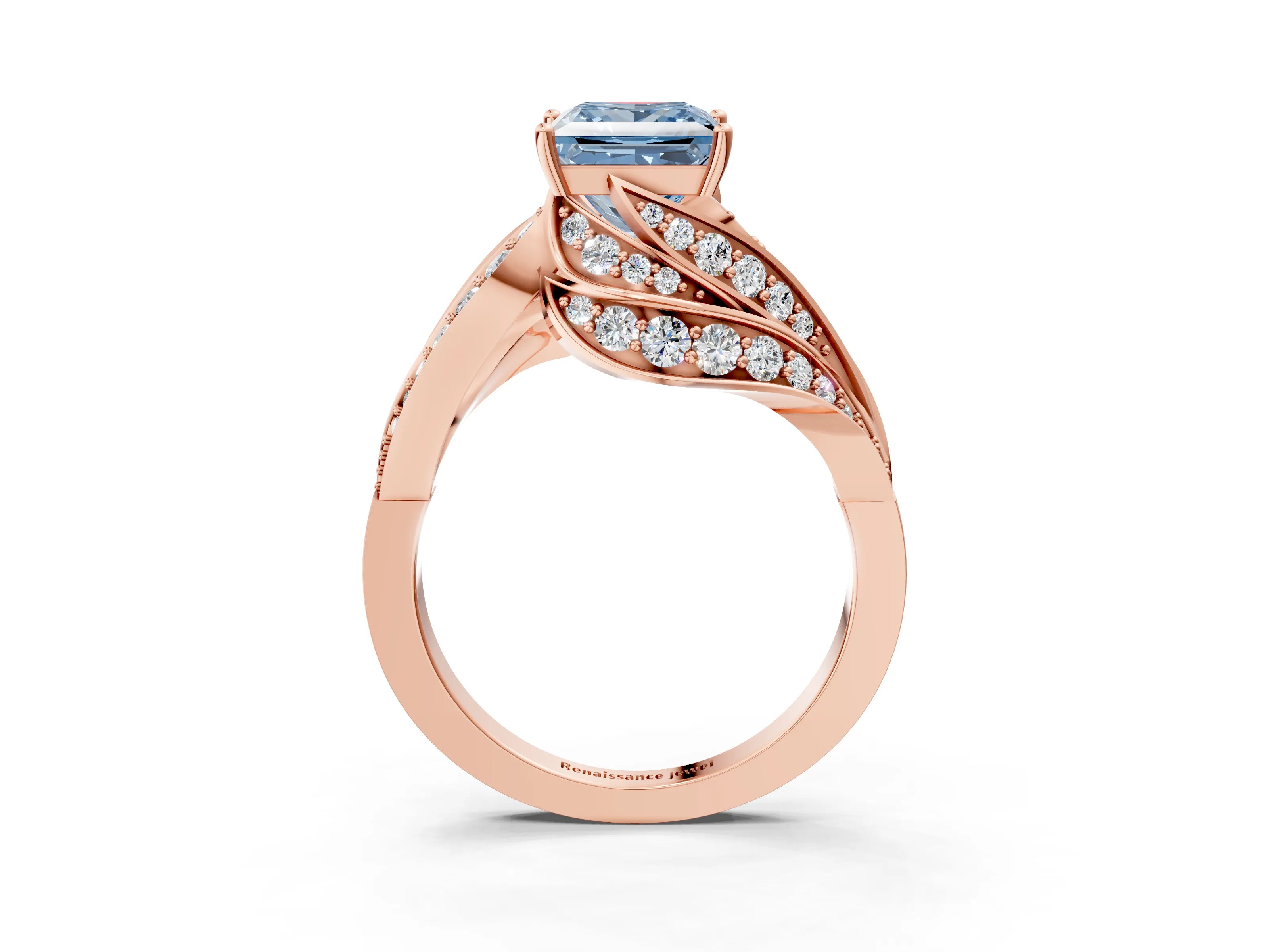 Rose gold Fancy Blue Princess Cut Diamond Solitaire Ring with Prong Setting and Twisted Pavé Band_3