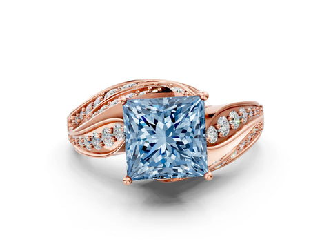 Rose gold Fancy Blue Princess Cut Diamond Solitaire Ring with Prong Setting and Twisted Pavé Band