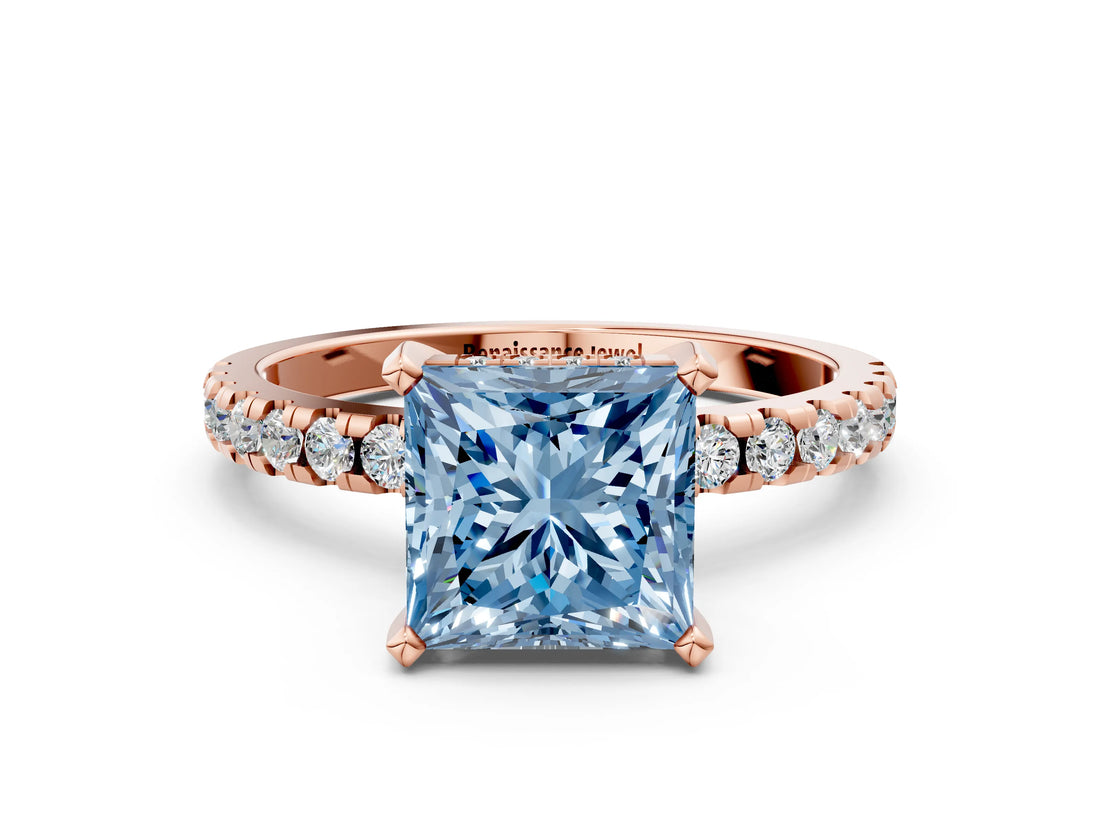 Rose gold Fancy Blue Princess Cut Diamond Solitaire Ring with Round  Pavé Band and Four-Prong Setting_36
