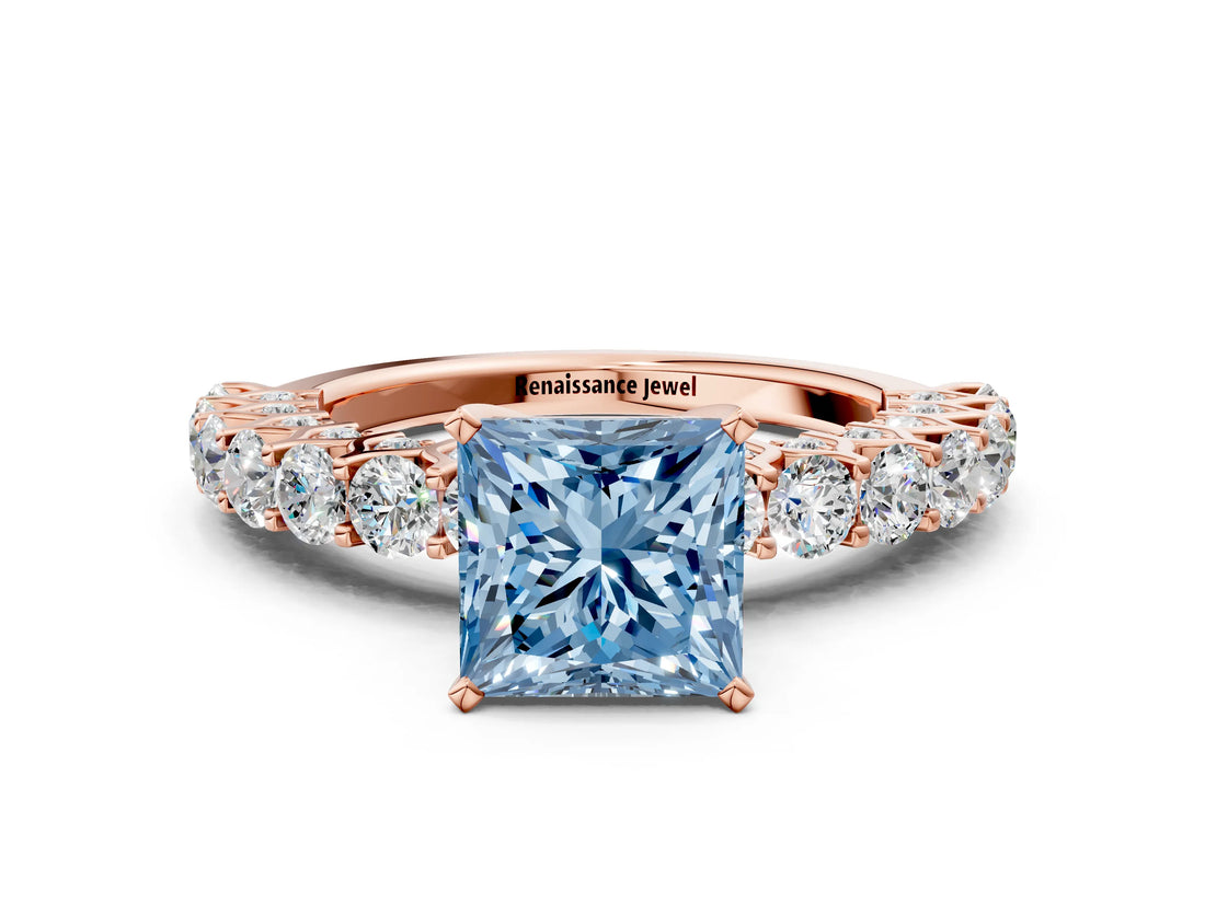 Rose gold Fancy Blue Princess Cut Diamond Solitaire Ring with Shared Prong Pavé Band and Four-Prong Setting_56