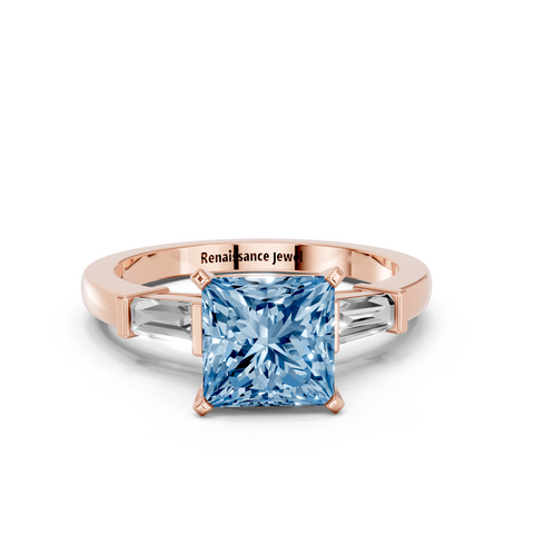Rose gold Fancy Blue Princess  Cut Diamond Solitaire Ring with Tapered Baguette Accents and Four-Prong Setting_10
