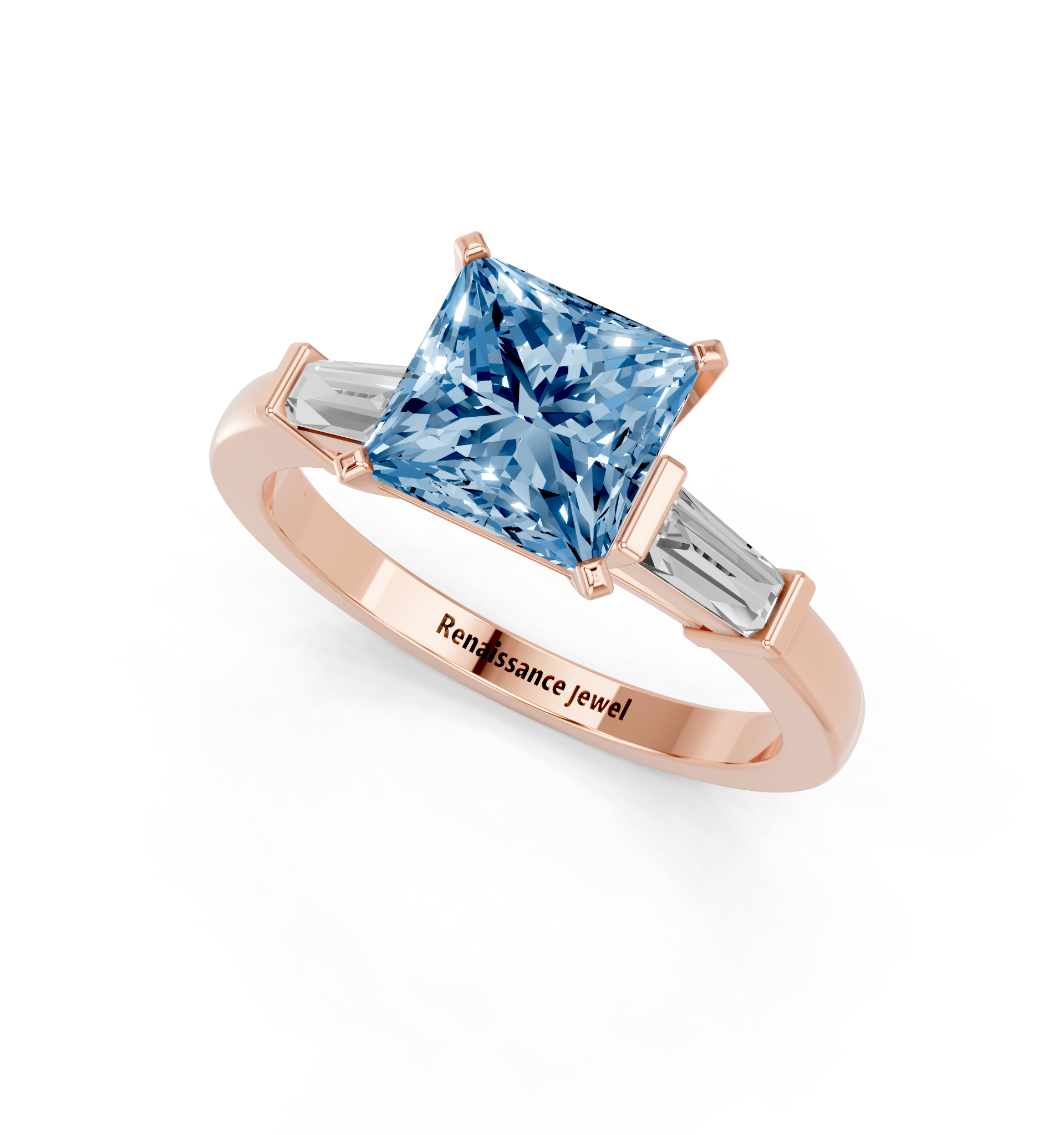 Rose gold Fancy Blue Princess  Cut Diamond Solitaire Ring with Tapered Baguette Accents and Four-Prong Setting_3