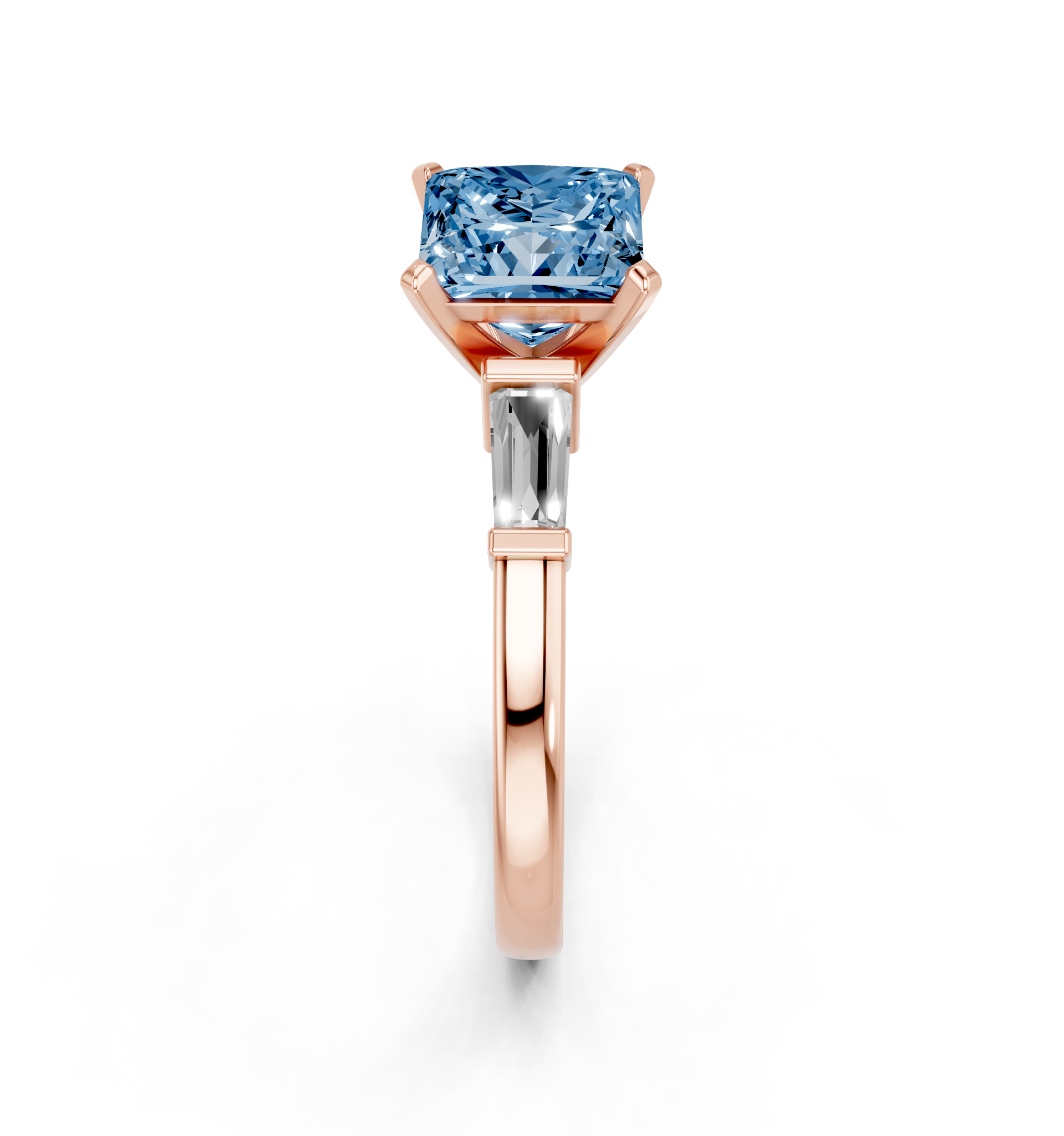 Rose gold Fancy Blue Princess  Cut Diamond Solitaire Ring with Tapered Baguette Accents and Four-Prong Setting_4