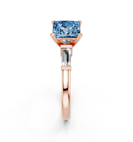 Rose gold Fancy Blue Princess  Cut Diamond Solitaire Ring with Tapered Baguette Accents and Four-Prong Setting_4