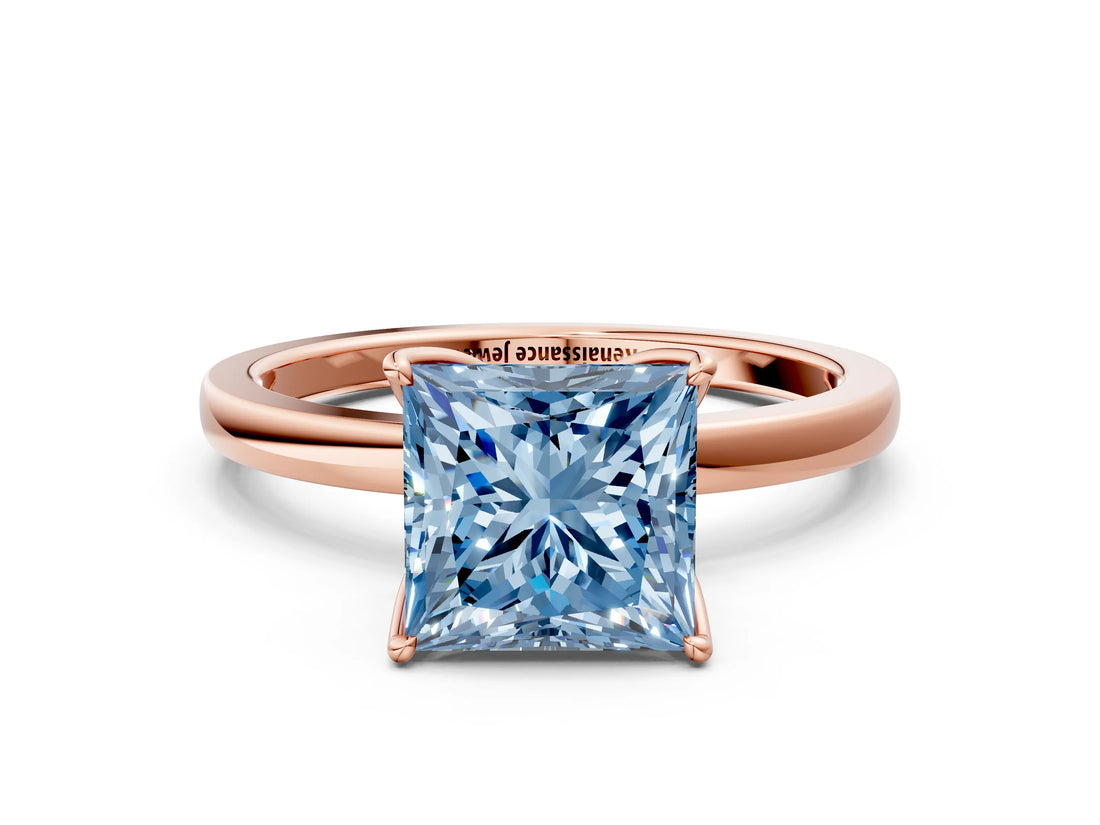 Rose gold Fancy Blue Princess Cut Diamond Solitaire Ring with Thin Band and Prong Setting_12