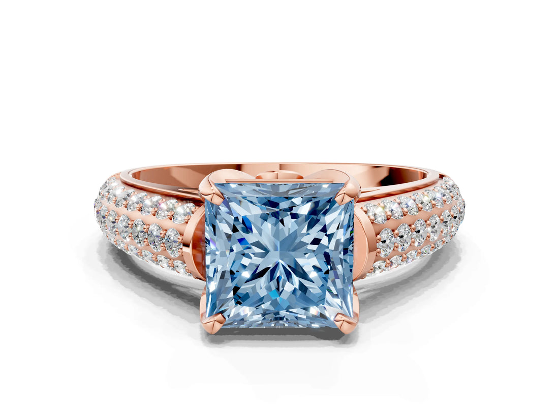 Rose gold Fancy Blue Princess Cut Diamond Solitaire Ring with Three-Row Pavé Band and Four-Prong Setting_37