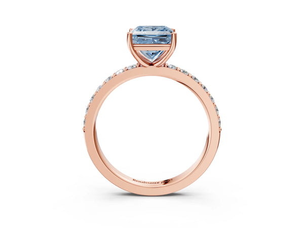 Rose gold Fancy Blue Princess  Cut Diamond Solitaire with Pave Band and Four-Prong Setting