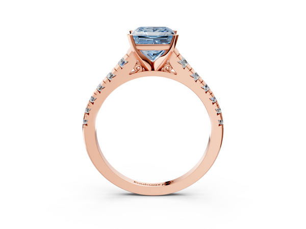 Rose Gold Princess Cut Graduated Cathedral Engagement Ring Setting for Fancy Blue Center