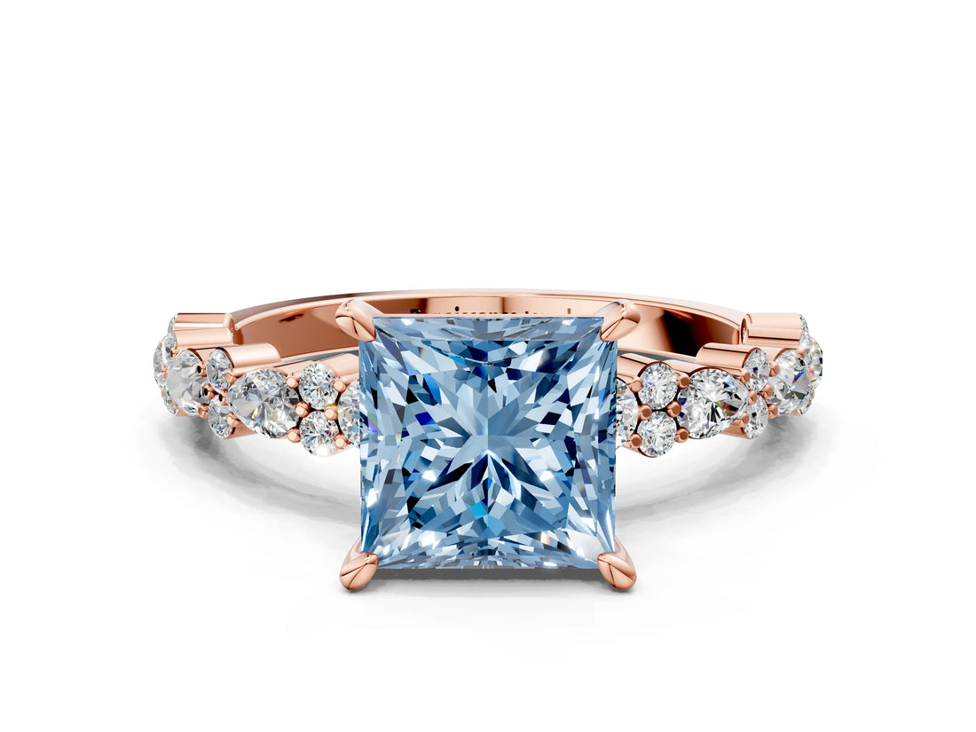 Rose gold Fancy Blue Princess Cut Diamond Solitaire with Side Stones, Pave Band, Four-Prong Setting_71