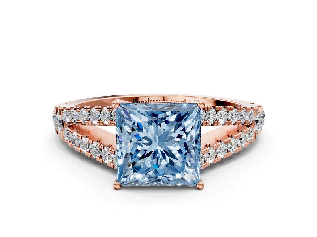 Rose gold Fancy Blue Princess Cut Diamond Split Shank Pavé Engagement Ring with Four-Prong Setting_80